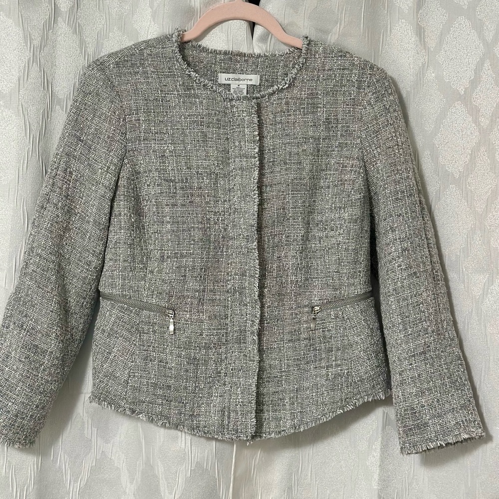 Liz Claiborne Grey/White Tweed Suit Blazer Hidden Zipper Jacket Size M.  NWOT